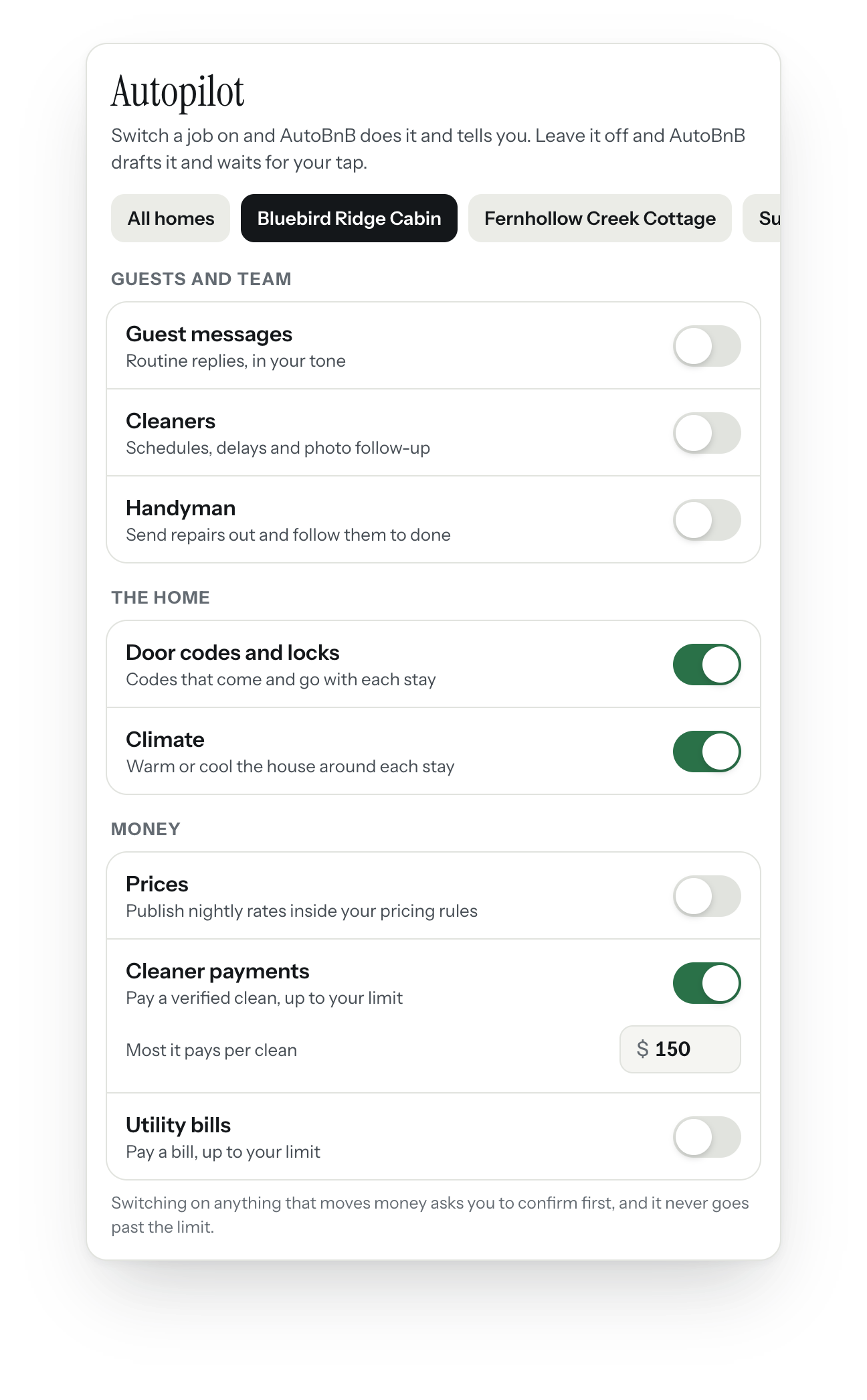 AutoBnB's Autopilot settings for Bluebird Ridge Cabin: door codes, climate and cleaner payments switched on, cleaner payments limited to $150 a clean, and guest messages, cleaners, handyman, prices and utility bills off.