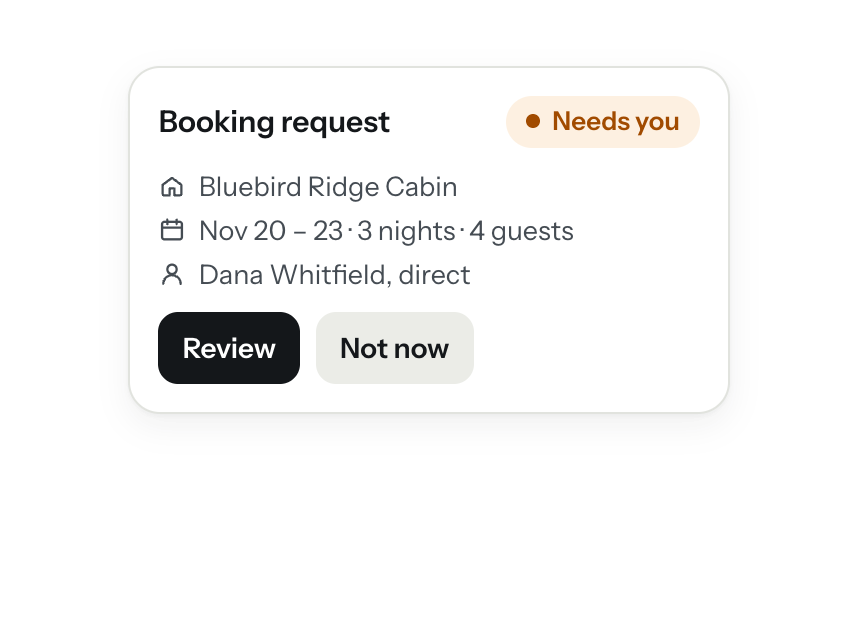 A direct booking request for Bluebird Ridge Cabin, November 20 to 23 for 4 guests, waiting for the owner's review.