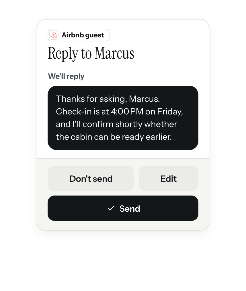 A reply drafted for Marcus, an Airbnb guest, about check-in time, waiting for the owner to send it, edit it or not send it.