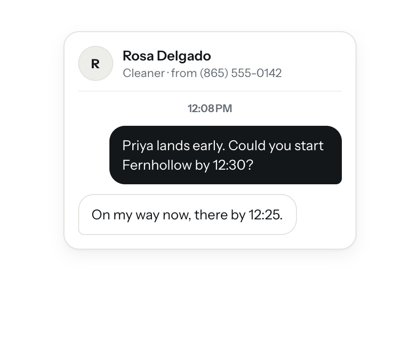 A text thread with Rosa Delgado, a cleaner, from the business number: she's on her way and will be at Fernhollow by 12:25.
