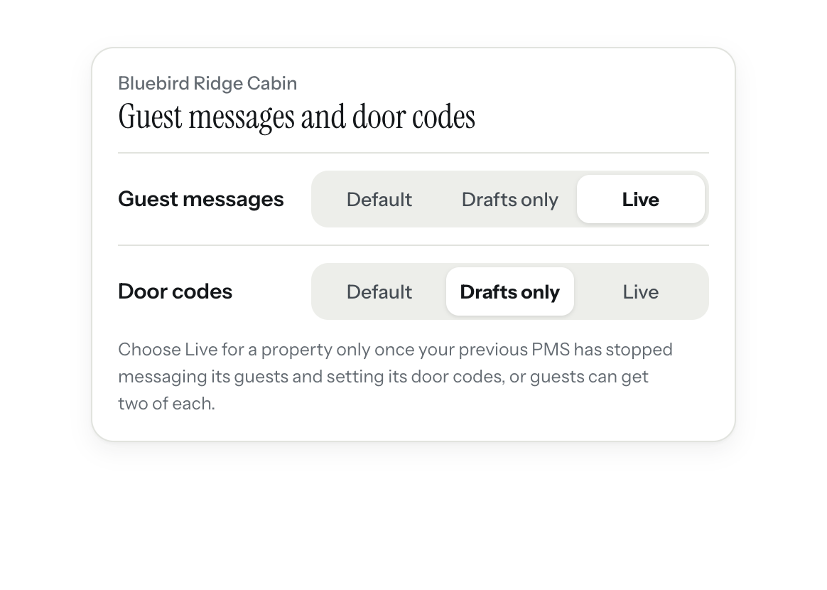 Bluebird Ridge Cabin's guest messages set to Live and its door codes set to Drafts only.